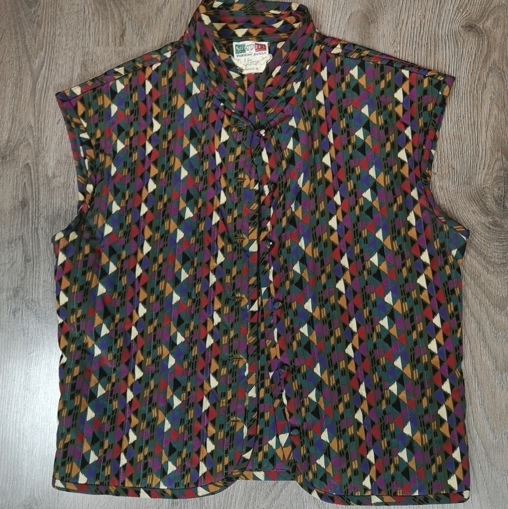 00s Vintage quilted geometric striped multicolor Mandarin collar sleeveless vest